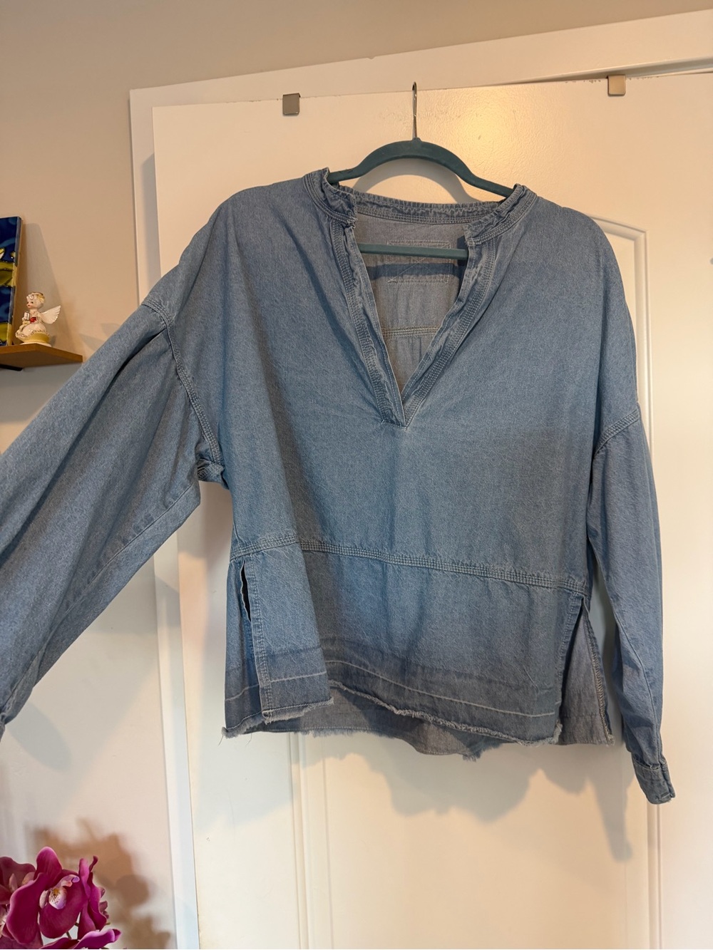 Washed Light Blue Denim-Style V-Neck Tunic